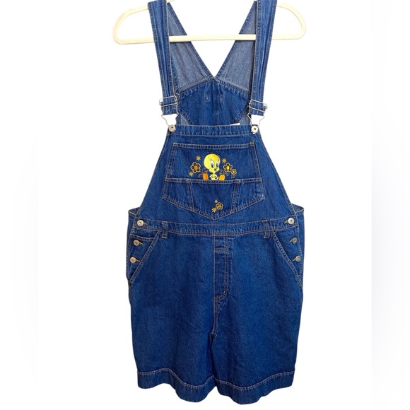 Looney Tunes Vintage Denim Short Overalls Tweety Bird Cartoon Embroidery 16W - Picture 1 of 14